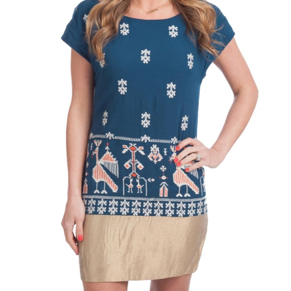 Anthropologie Blue and Gold Mini Dress